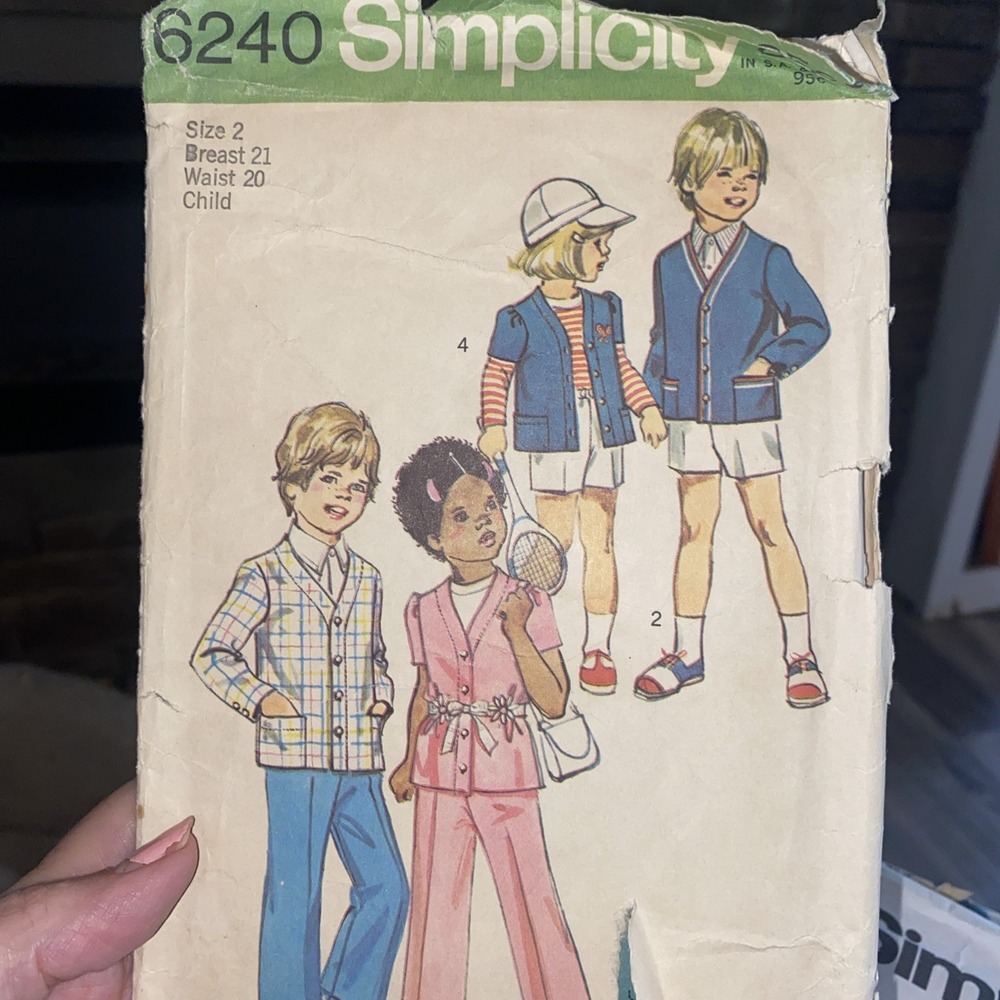 Vintage Simplicity 6240 Sewing Pattern Child Pants Suspenders Cardigan Size 2